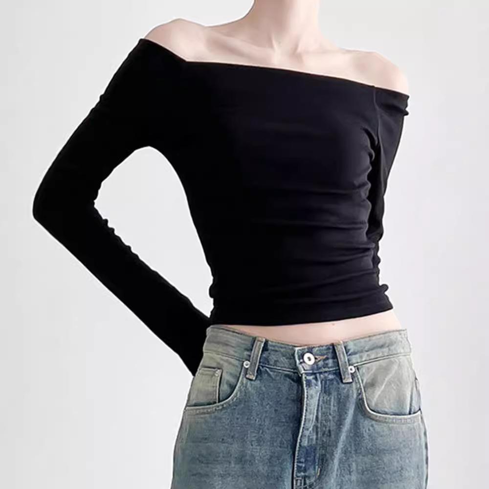 Essential Rib Asymmetric Long Sleeve Top  |  Womens Tops Tops black