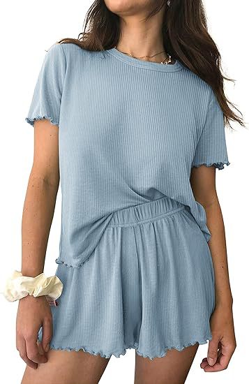 Flannel Short Sleeve Shirt And Short Sleep Set  |  Womens Sleepwear Sleepwear blue pinstripe